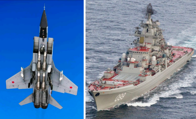 Chiến đấu cơ đánh chặn MiG-31 và tàu tuần dương lớp Kirov của Nga. Ảnh: MW.