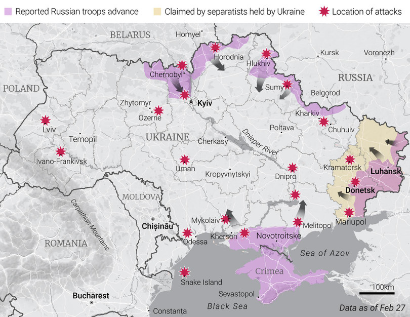 Sơ đồ chiến sự đang diễn ra tại Ukraine (Ảnh: SCMP)