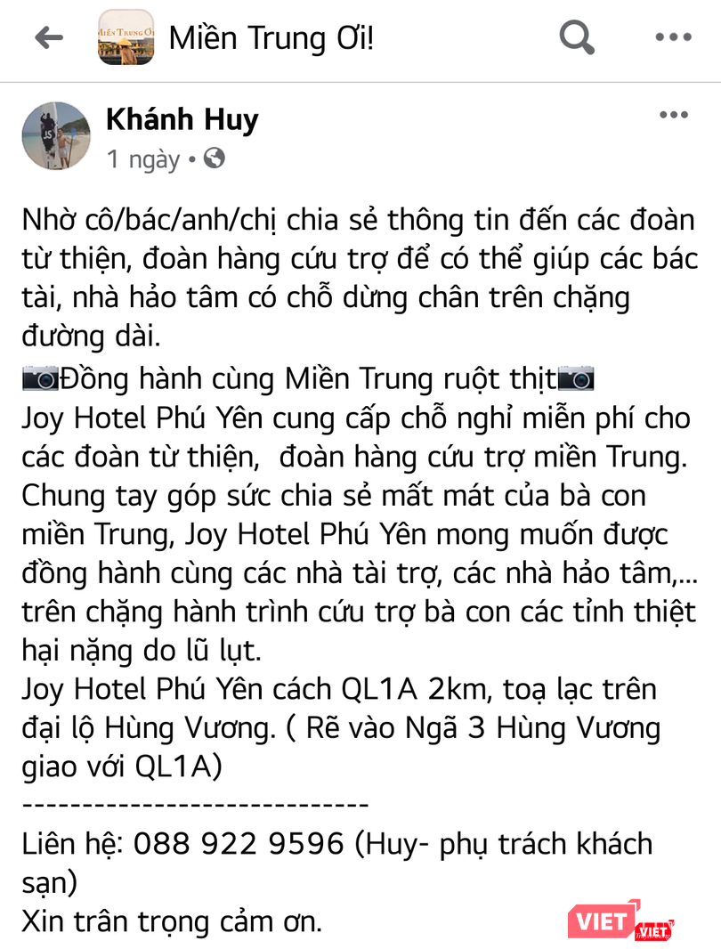 Khách sạn cung cấp chỗ ở miễn phí cho các đoàn từ thiện đến miền Trung.