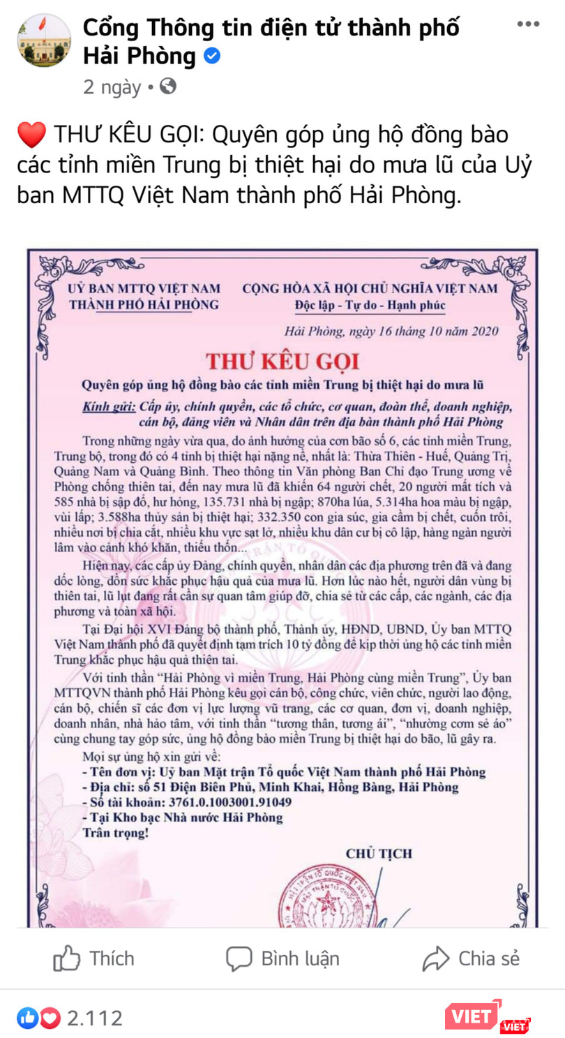 TP. Hải Phòng kêu gọi quyên góp ủng hộ đồng bào miền Trung.