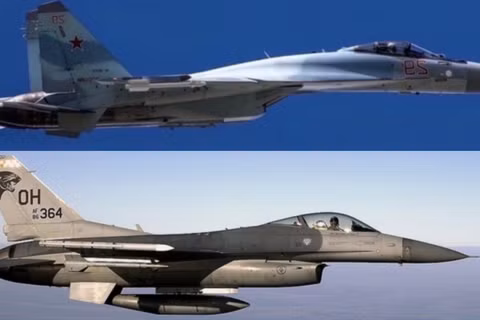 Máy bay chiến đấu Su-35 (trên) và F-16. Ảnh: MW.