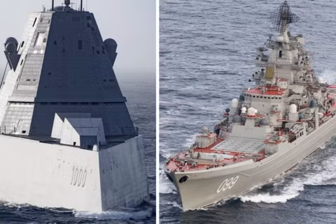 Tàu khu trục lớp Zumwalt của Mỹ (trái) và tàu tuần dương lớp Kirov của Nga. Ảnh: MW.