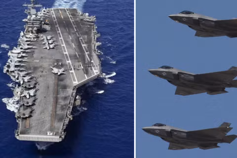Tàu USS Abraham Lincoln và các máy bay F-35C thuộc Phi đội tấn công chiến đấu Thủy quân lục chiến 314. Ảnh: MW.