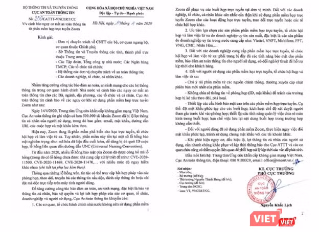 Công văn của Cục An toàn thông tin mới phát đi tối nay về việc không nên dùng ứng dụng Zoom. Ảnh: Anh Lê Công văn của Cục An toàn thông tin mới phát đi tối nay về việc không nên dùng ứng dụng Zoom. Ảnh: Anh Lê