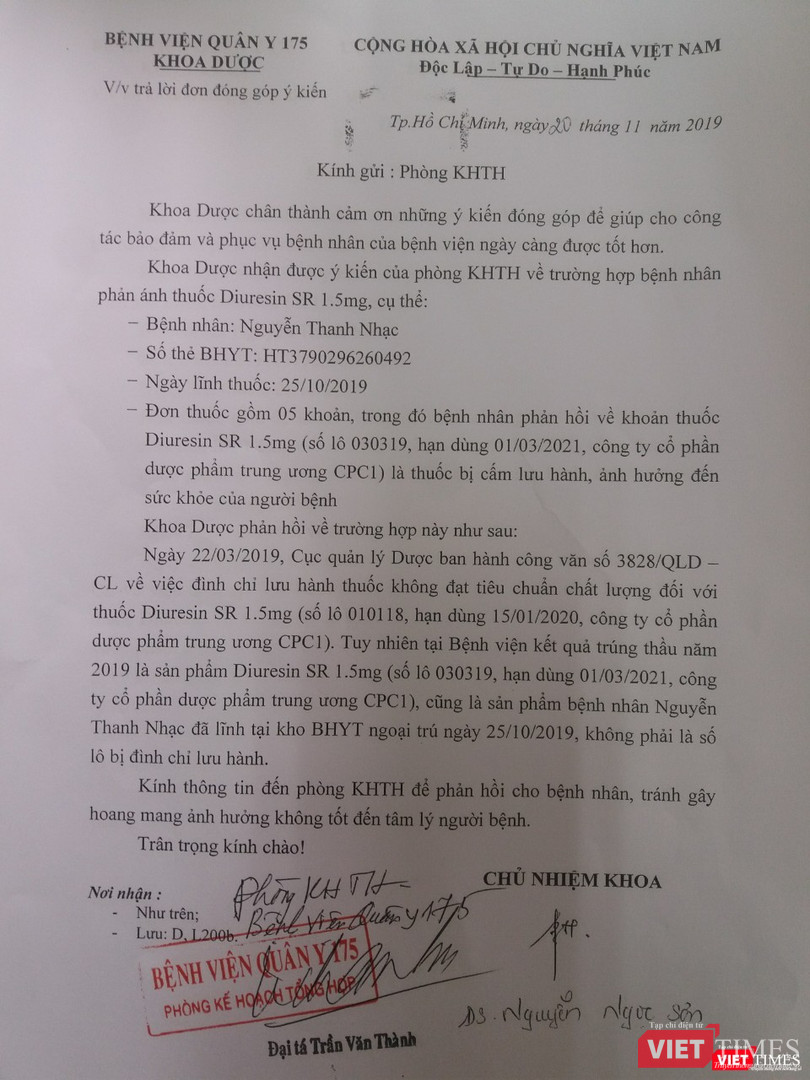 Bệnh viện Quân y 175 trả lời về việc cấp thuốc Diuresin SR 1,5mg cho bệnh nhân