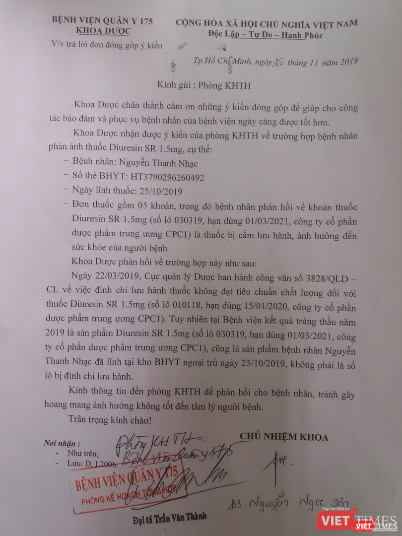 Bệnh viện Quân y 175 trả lời về việc cấp thuốc Diuresin SR 1,5mg cho bệnh nhân