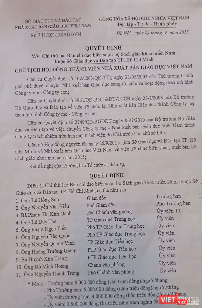 Quyết định số 778/QĐ-NXBGDVN ngày 29/9/2015 về việc chi thù lao cho Ban chỉ đạo biên soạn bộ sách giáo khoa miền Nam thuộc Sở GD&ĐT TP.HCM của NXB GD Quyết định số 778/QĐ-NXBGDVN ngày 29/9/2015 về việc chi thù lao cho Ban chỉ đạo biên soạn bộ sách giáo khoa miền Nam thuộc Sở GD&ĐT TP.HCM của NXB GD