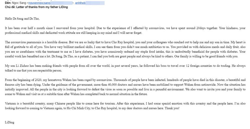Lá thư của ông Li Ding gởi bác sĩ BV Chợ Rẫy. Ảnh: BV Lá thư của ông Li Ding gởi bác sĩ BV Chợ Rẫy. Ảnh: BV