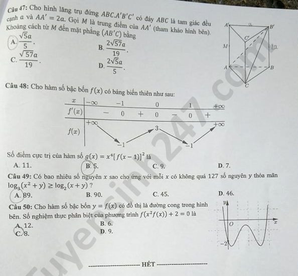 Đề thi tốt nghiệp THPT năm 2020 môn Toán mã đề 113. Nguồn: TTHN