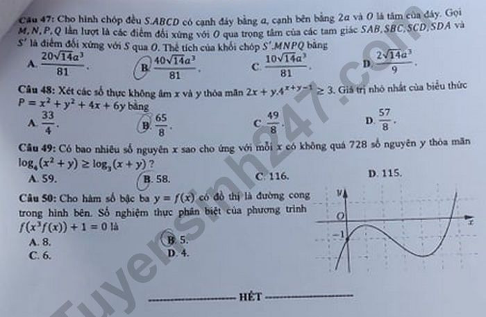 Đề thi tốt nghiệp THPT năm 2020 môn Toán mã đề 101. Nguồn: TTHN