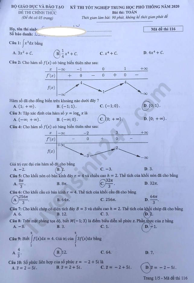 Đề thi tốt nghiệp THPT năm 2020 môn Toán mã đề 116. Nguồn: TTHN