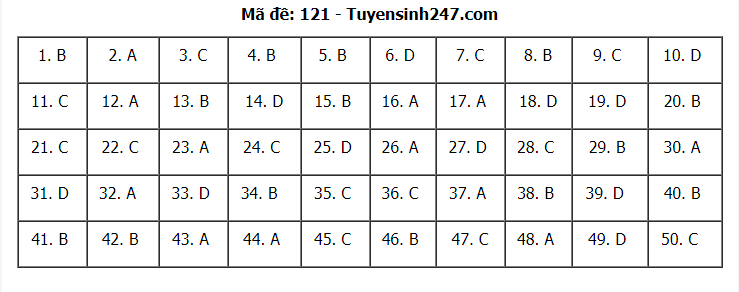 Đáp án đề thi tốt nghiệp THPT năm 2020 môn Toán mã đề 121. Nguồn: TTHN