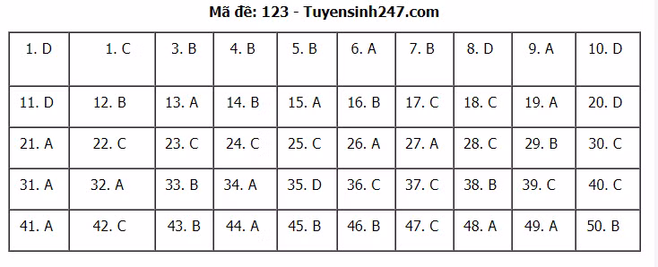 Đáp án tham khảo đề thi tốt nghiệp THPT năm 2020 môn Toán mã đề 123. Nguồn: TTHN