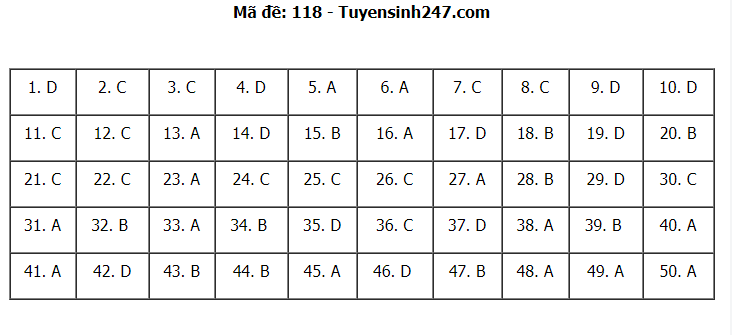 Đáp án tham khảo đề thi tốt nghiệp THPT năm 2020 môn Toán mã đề 118. Nguồn: TTHN