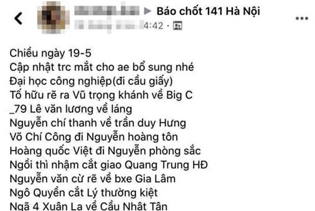 Thông tin về vị trí có mặt lực lượng 141 và CSGT được chỉ cụ thể trên Facebook. Ảnh: Dân Trí