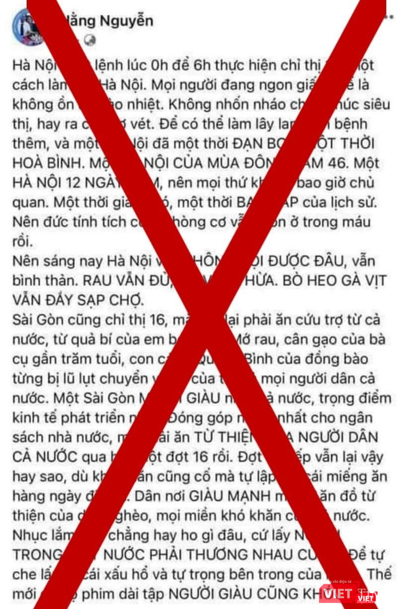 Bài viết trên tài khoản facebook "Hằng Nguyễn" có nội dung ảnh hưởng đến trật tự xã hội, gây hoang mang trong nhân dân