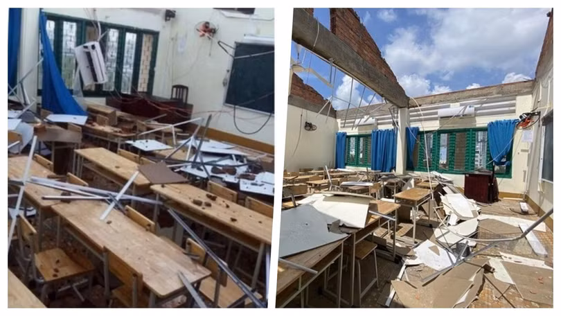 Sẽ tốn gần 3 tỉ đồng sửa chữa trường Bình Phú sau sự cố lốc xoáy làm tốc mái khiến nhiều phòng học bị ảnh hưởng nặng nề (Ảnh: HB ghép)