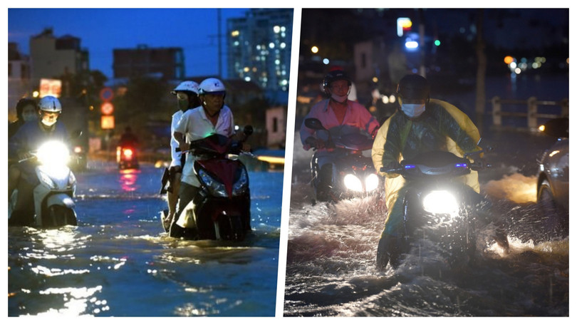 Hiện tượng triều cường dâng cao gây khó khăn cho giao thông TP.HCM vào thời điểm 18 giờ (Ảnh: HB ghép)