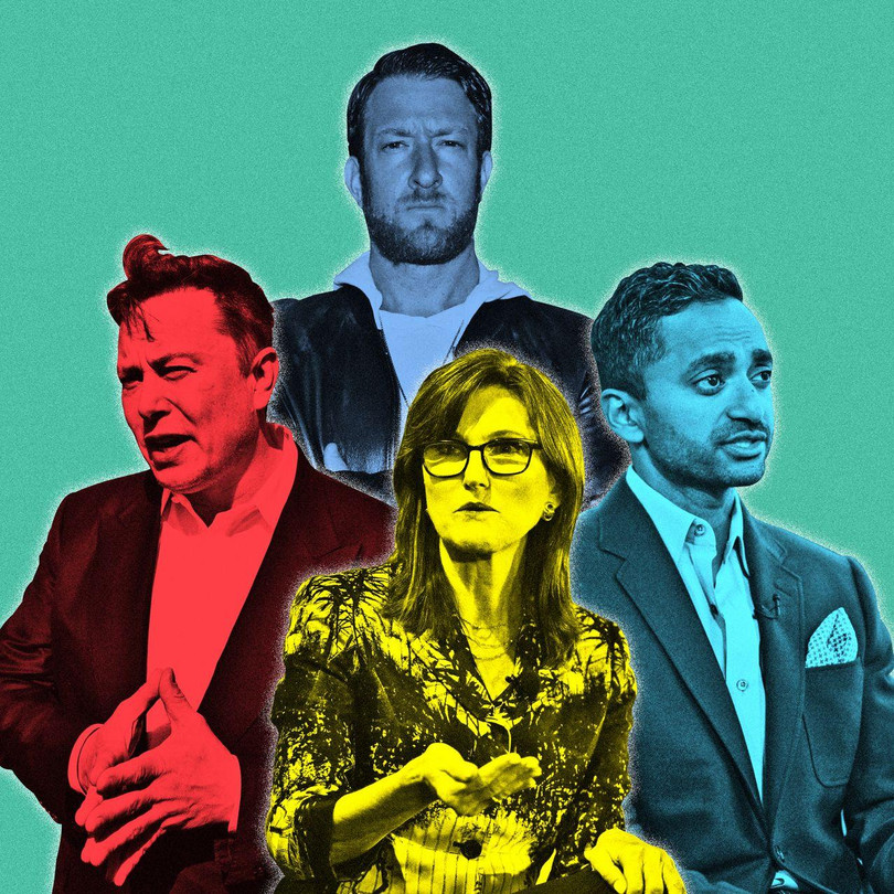 Những "ngôi sao đầu tư" mới, gồm Elon Musk, Cathie Wood, David Portnoy và Chamath Palihapitiya. Ảnh: WSJ.