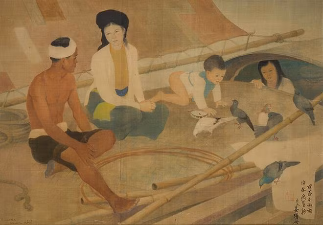 Bức Le Pécheur et Sa Famille (Gia đình ngư dân, lụa, 67cm x 110cm, 1940) của Lương Xuân Nhị bán hơn 13,8 tỷ đồng. 