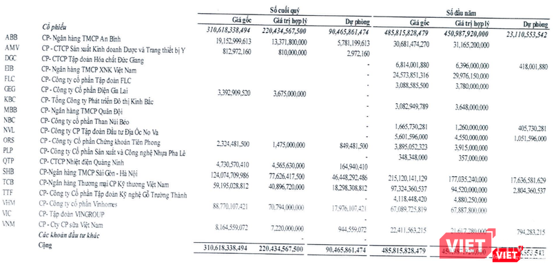 Danh mục chứng khoán kinh doanh của NDN tại ngày 30/6/2022