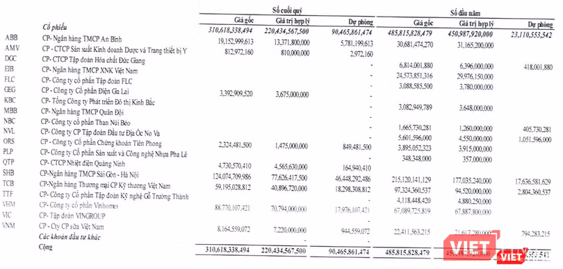 Danh mục chứng khoán kinh doanh của NDN tại ngày 30/6/2022