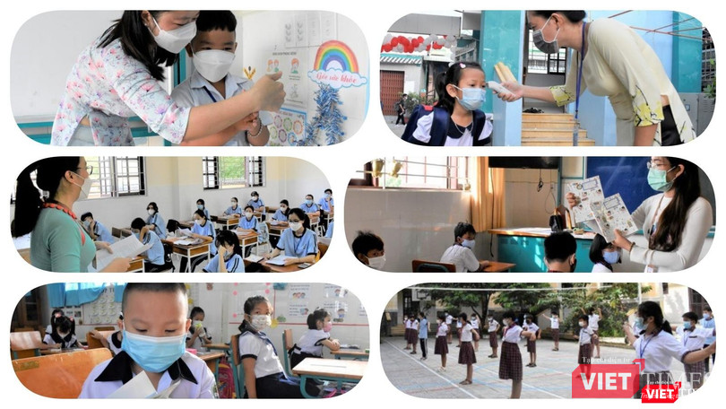 Học sinh xã đảo Thạnh An, huyện Cần Giờ hào hứng trở lại trường. Ảnh: Hoà Bình ghép