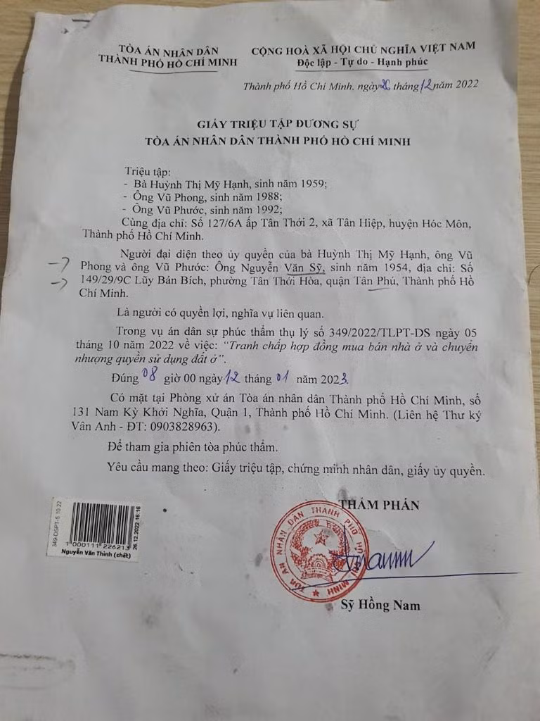 Thẩm phán Sỹ Hồng Nam triệu tập các đương sự tham dự phiên dân sự phúc thẩm "tranh chấp hợp đồng mua bán nhà ở và chuyển nhượng quyền sử dụng đất ở" tại số nhà 117 Pasteur TpHCM Thẩm phán Sỹ Hồng Nam triệu tập các đương sự tham dự phiên dân sự phúc thẩm "tranh chấp hợp đồng mua bán nhà ở và chuyển nhượng quyền sử dụng đất ở" tại số nhà 117 Pasteur TpHCM