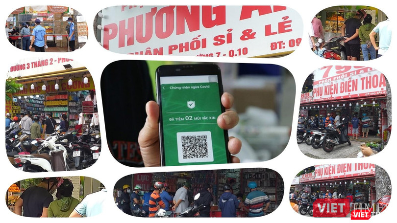 Nhiều hàng dài người dân đứng trước các cửa hàng bán lẻ trên nhiều tuyến phố như thế này, dù đã tiêm đủ 2 mũi vaccine thì vẫn tiềm ẩn nguy cơ. Ảnh: Hoà Bình