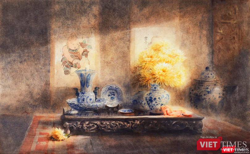 Tác phẩm "Vinh hoa phú quý" (màu nước trên giấy, 100cm x 160cm, 2021)