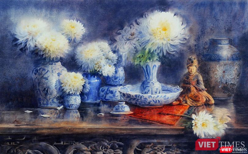 Tác phẩm "Tự tại" (màu nước trên giấy, 80cm x 130cm, 2021