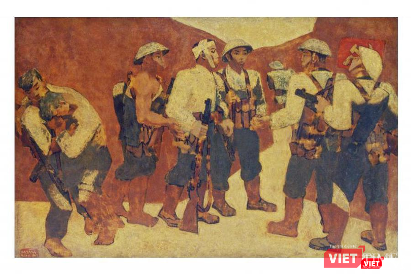 "Kết nạp Đảng ở Điện Biên Phủ" của danh họa Nguyễn Sáng. Ảnh: BTMTVN