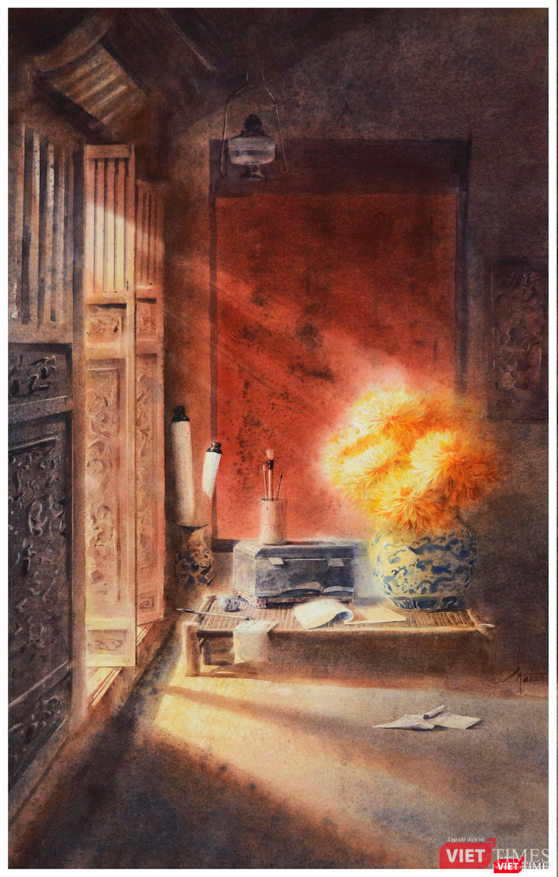 Tác phẩm "Góc thư phòng" (màu nước trên giấy, 160cm x 100cm, 2021)