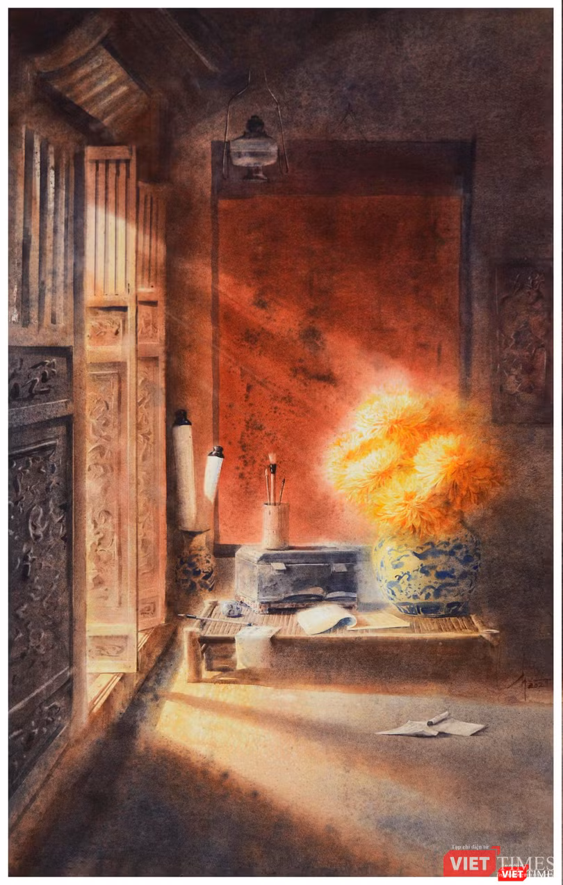 Tác phẩm "Góc thư phòng" (màu nước trên giấy, 160cm x 100cm, 2021) Tác phẩm "Góc thư phòng" (màu nước trên giấy, 160cm x 100cm, 2021)