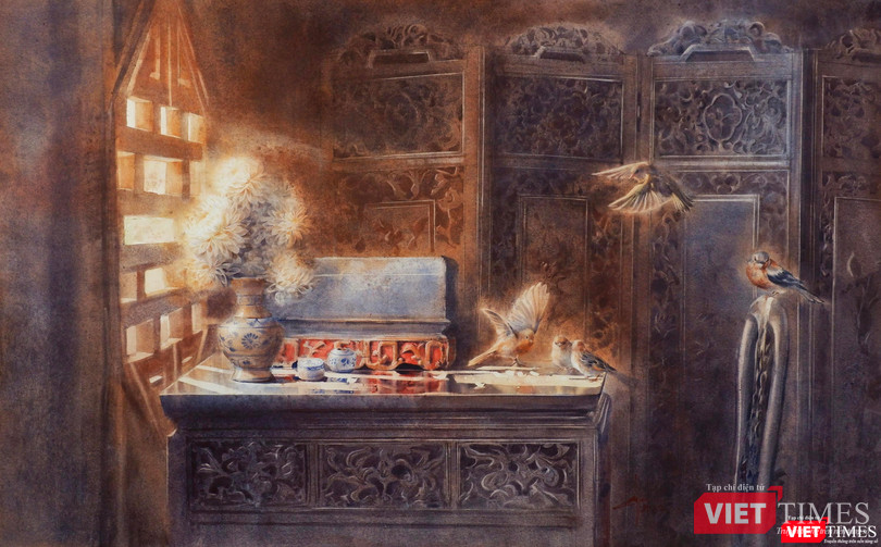 Tác phẩm "Góc khuê phòng" (màu nước trên giấy, 100cm x 160cm, 2022)