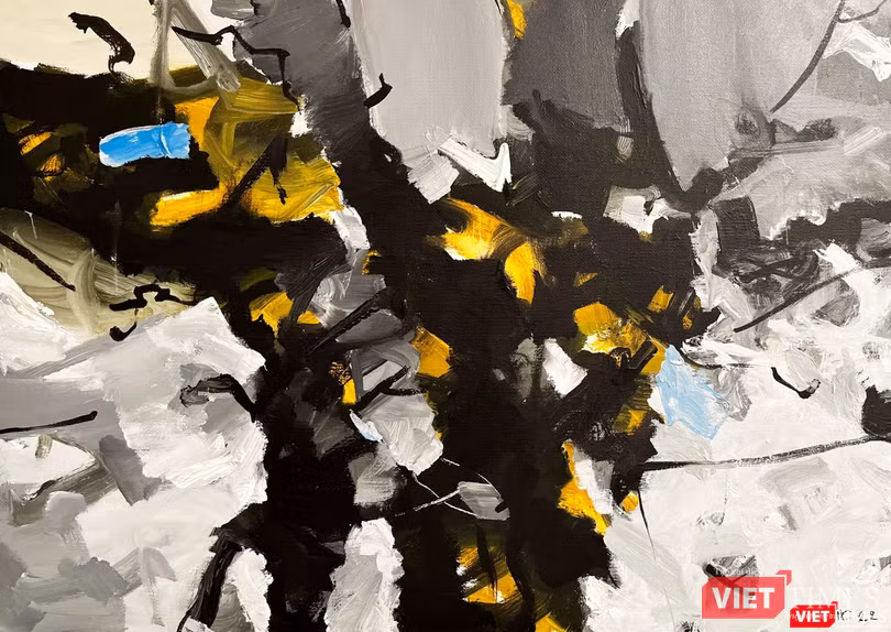 Tác phẩm Bóng làng (acrylic, 100cm x 140cm, 2022) của Trần Vĩnh Thịnh