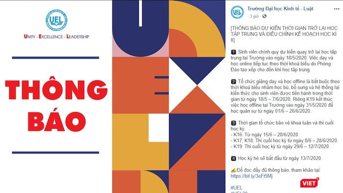 ĐH Kinh tế-Luật ấn định ngày trở lại trường của SV là ngày 18/5 (Ảnh chụp lại website của trường)