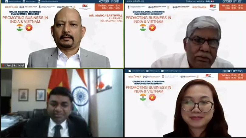 Lễ khai mạc Triển lãm trực tuyến với sự có mặt của Tiến sĩ Madan Mohan Sethi - Tổng lãnh sự Ấn Độ tại TP.HCM; ông Manoj Barthwal - Chủ tịch, Phòng Thương mại Ấn Độ tại Việt Nam; và ông Vijay Kalantri - Giám đốc WTC Mumbai; bà Huỳnh Đinh Thái Linh - Giám đốc Trung tâm Thương mại Thế giới Thành phố Mới Bình Dương (WTC BDNC). Ảnh: Hoà Bình