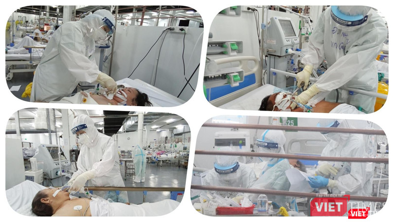 Chăm sóc bệnh nhân nặng tại Trung tâm Hồi sức tích cực người bệnh COVID-19 BV Trung ương Huế tại TP.HCM. Ảnh: Hoà Bình Chăm sóc bệnh nhân nặng tại Trung tâm Hồi sức tích cực người bệnh COVID-19 BV Trung ương Huế tại TP.HCM. Ảnh: Hoà Bình