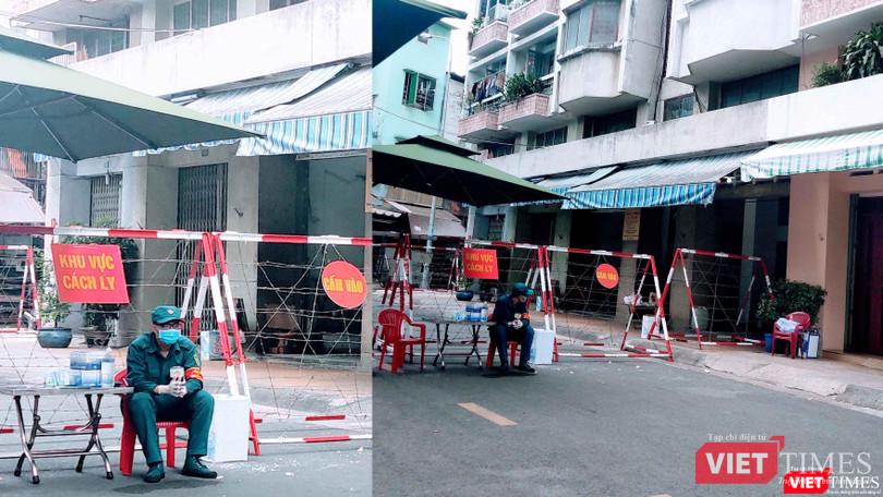 Phong toả Chung cư Sư Vạn Hạnh - nơi cư trú của BN1451 (Ảnh: Hoà Bình)