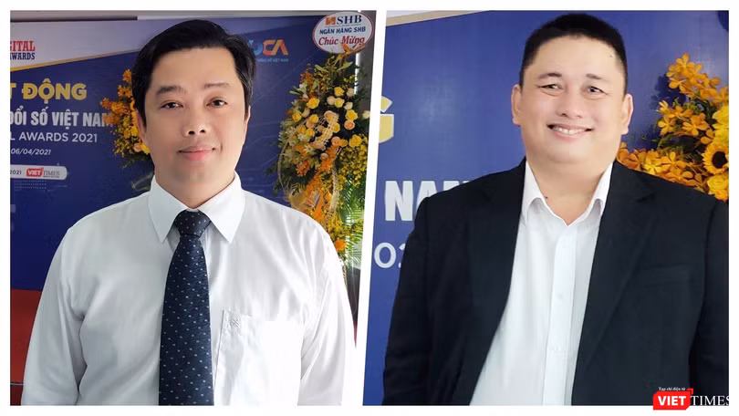 Ông Ngô Thanh Tùng - Phó Tổng Giám đốc SoftTech Đà Nẵng và ông Vũ Tuấn Anh - Phó Tổng Giám đốc Dr SME tại buổi họp báo sáng 6/4 tại Đà Nẵng (Ảnh: HB) 