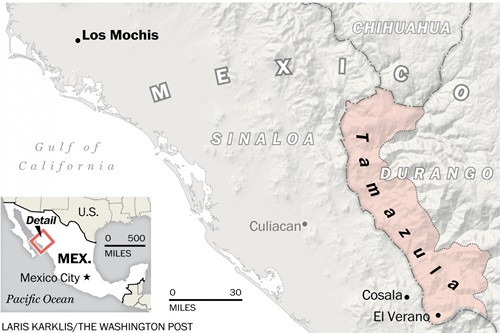 Khu vực vùng núi Tamazula, nơi Guzman ẩn náu trước khi bị bắt ở Los Mochis hôm 8/1. Đồ họa:Washington Post Khu vực vùng núi Tamazula, nơi Guzman ẩn náu trước khi bị bắt ở Los Mochis hôm 8/1. Đồ họa:Washington Post