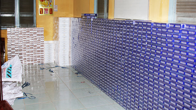Số lượng thuốc lá “khủng" bị Đồn Biên phòng Phú Hội thu giữ - Ảnh: Nguyễn Đức Thắng