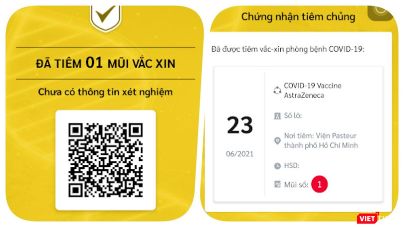 Chứng nhận điện tử đã tiêm 1 mũi vaccine Covid-19. Ảnh: Hoà Bình