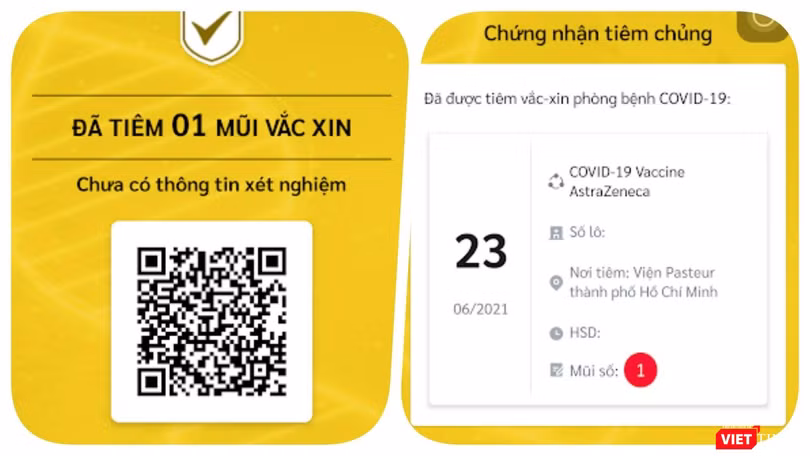 Chứng nhận điện tử đã tiêm 1 mũi vaccine Covid-19. Ảnh: Hoà Bình