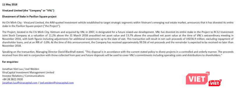 Thông báo thoái vốn của VNL. (Ảnh chụp màn hình)