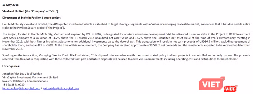 Thông báo thoái vốn của VNL. (Ảnh chụp màn hình)