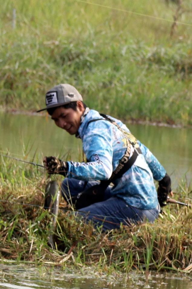 Sau hơn 10 phút, anh ta cũng tóm được con cá lóc.