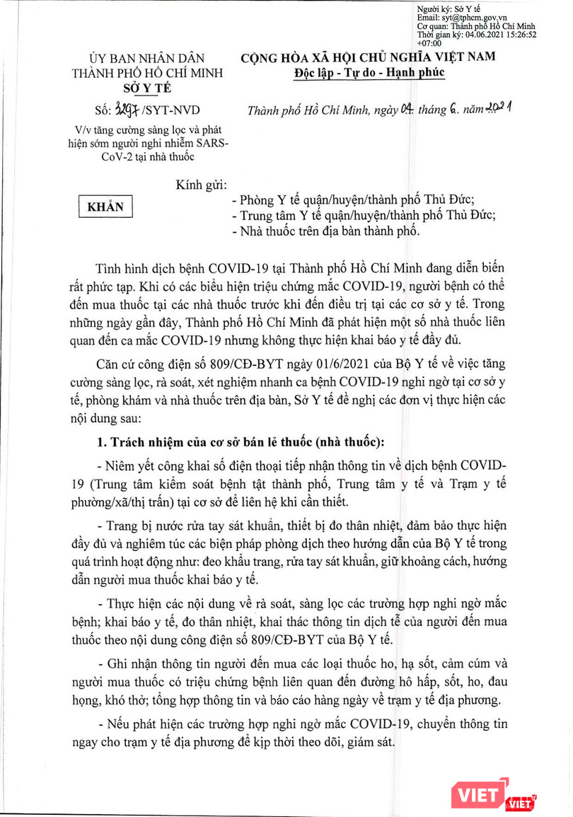 Công văn khẩn số 3297 của Sở Y tế - Nguồn: SYT Công văn khẩn số 3297 của Sở Y tế - Nguồn: SYT
