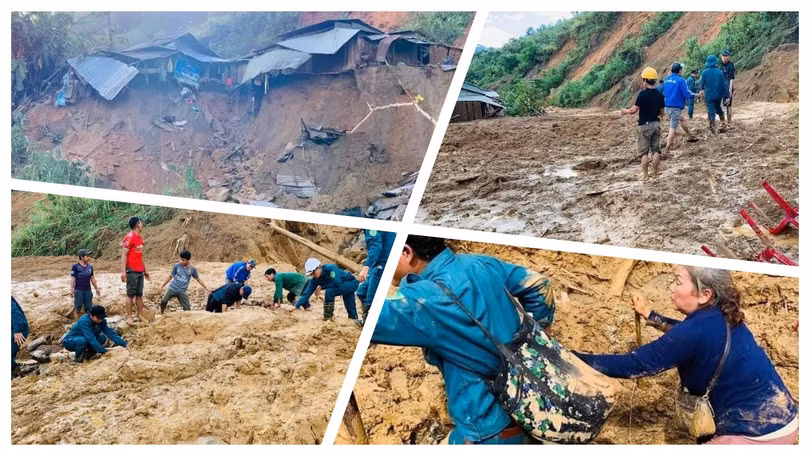 Thảm cảnh tan hoang sau vụ lở núi Phước Sơn sáng nay (Ảnh: Hoà Bình ghép)